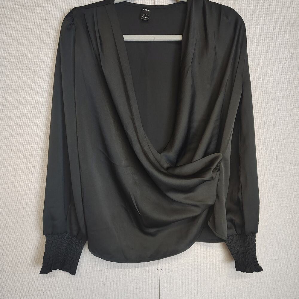 SHEIN Womens M Black Satin Cowl Neck Blouse Draped Whimsigoth Going Out Top